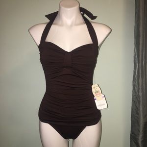 Tommy Bahama Brown Halter pin-up one piece swimsuit Sabrina carpenter espresso